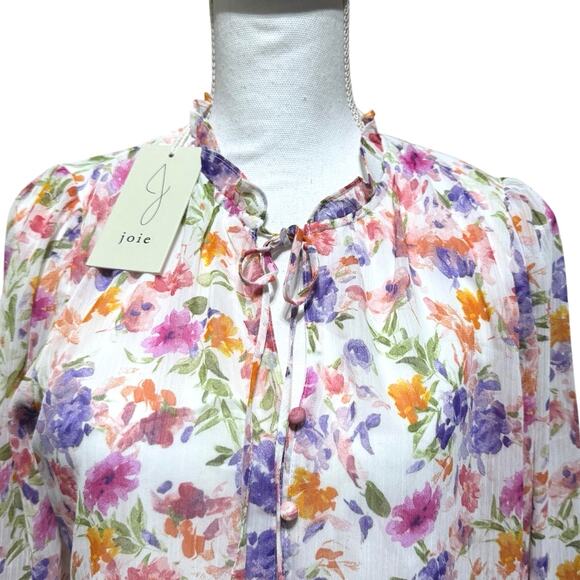 JOIE Floral Blouse Medium 8-10 Tie V-Neck  Sheer Sleeve Smocked Cuff Pink Purple - Picture 3 of 13